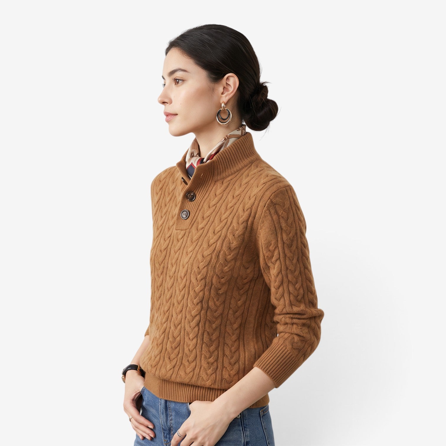 Jersey de Punto Trenzado con Cuello Alto para Mujer