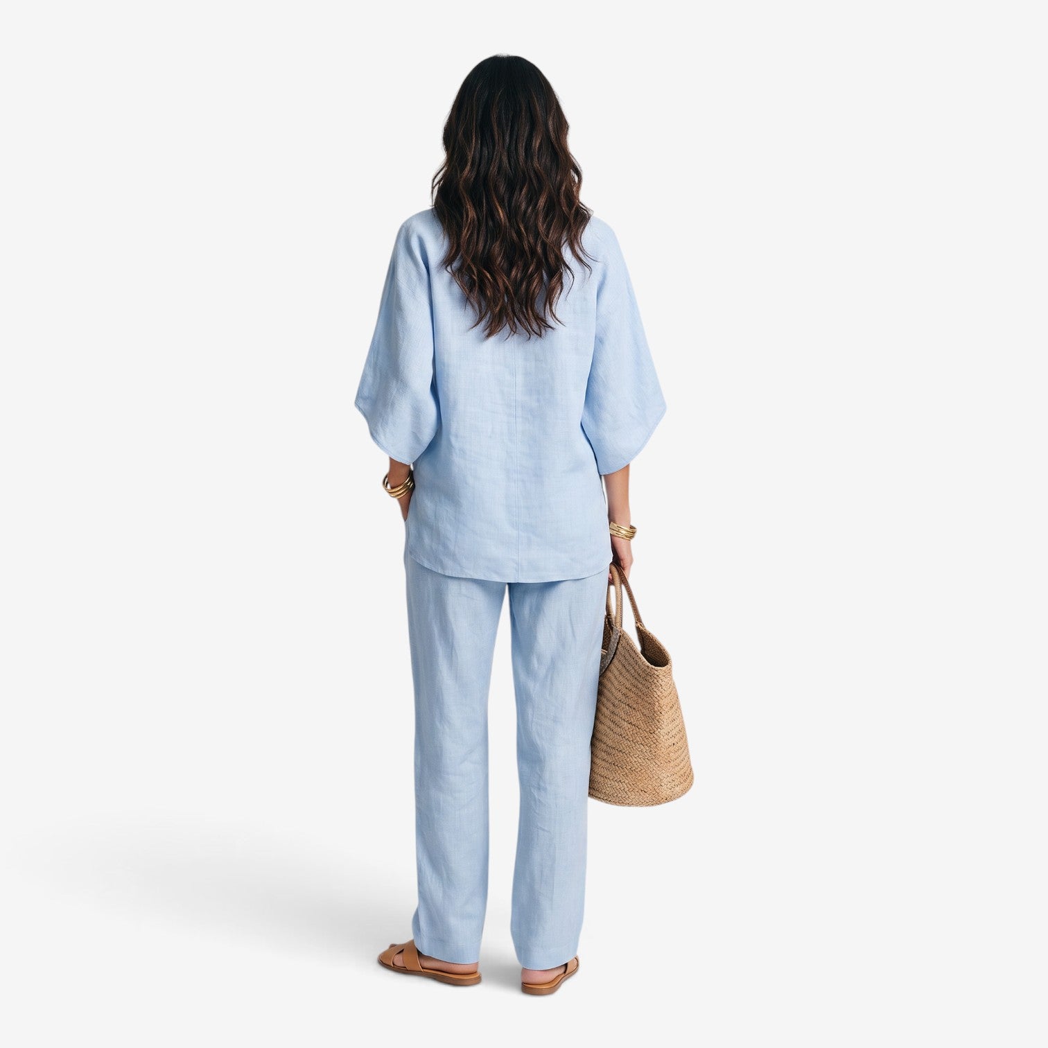 Conjunto de Lino con Pantalón de Pierna Ancha para Mujer