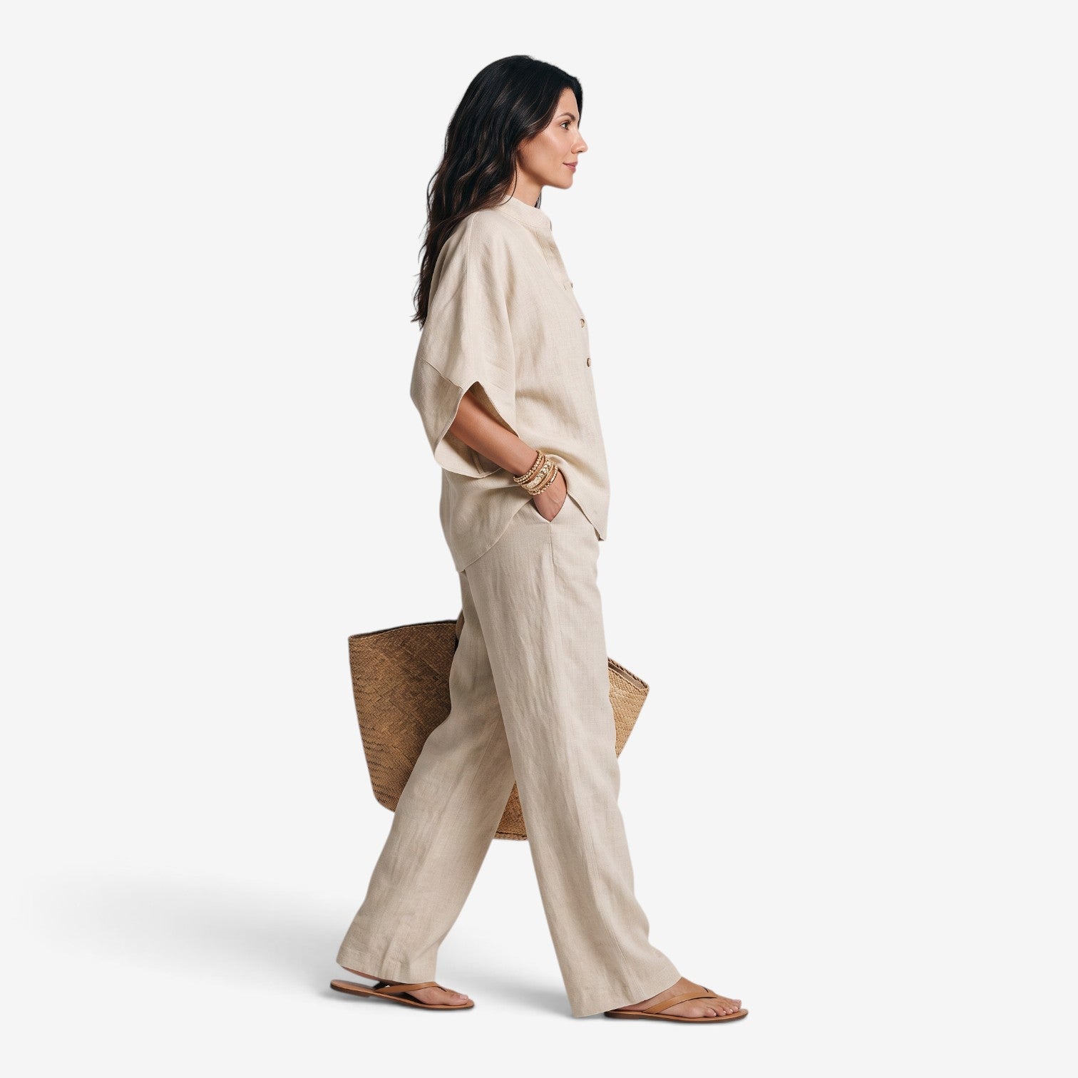 Conjunto de Lino con Pantalón de Pierna Ancha para Mujer