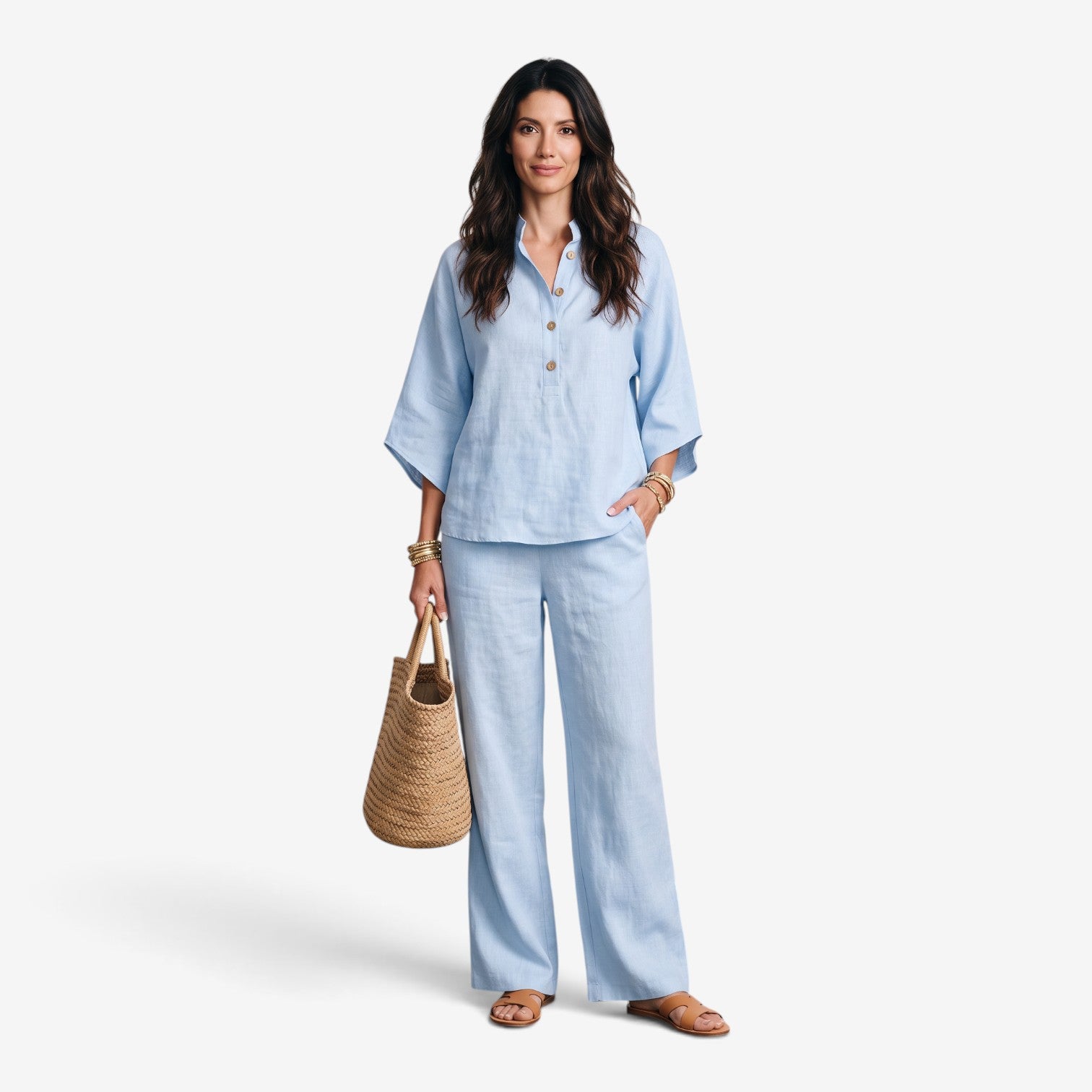 Conjunto de Lino con Pantalón de Pierna Ancha para Mujer