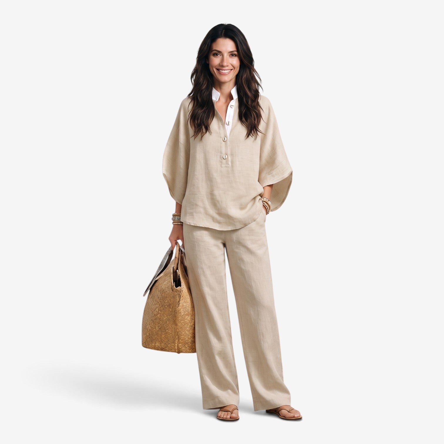 Conjunto de Lino con Pantalón de Pierna Ancha para Mujer