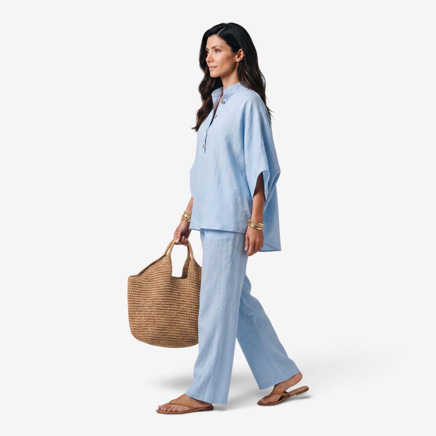 Conjunto de Lino con Pantalón de Pierna Ancha para Mujer