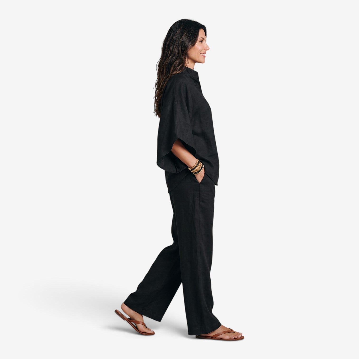 Conjunto de Lino con Pantalón de Pierna Ancha para Mujer