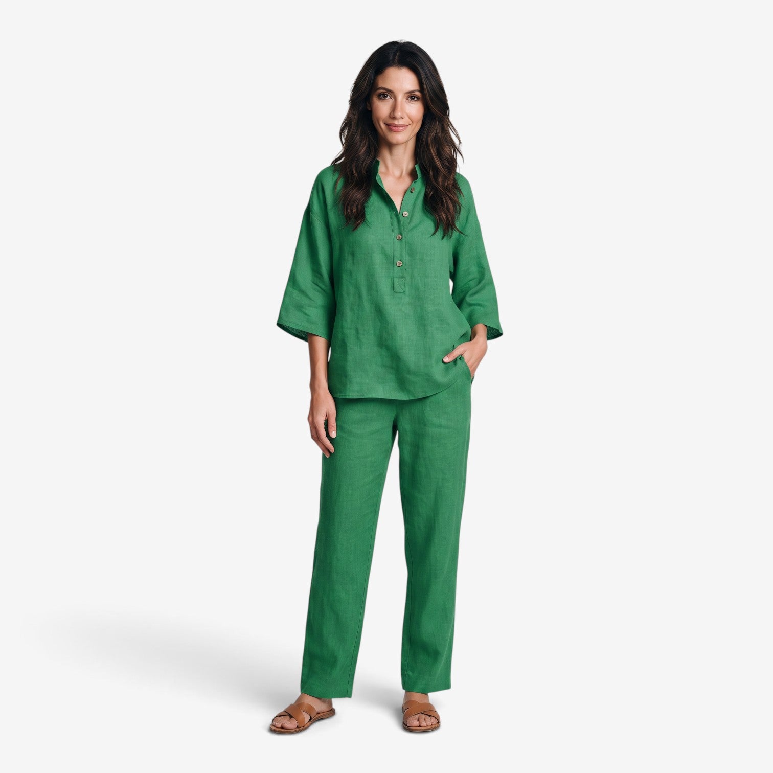 Conjunto de Lino con Pantalón de Pierna Ancha para Mujer