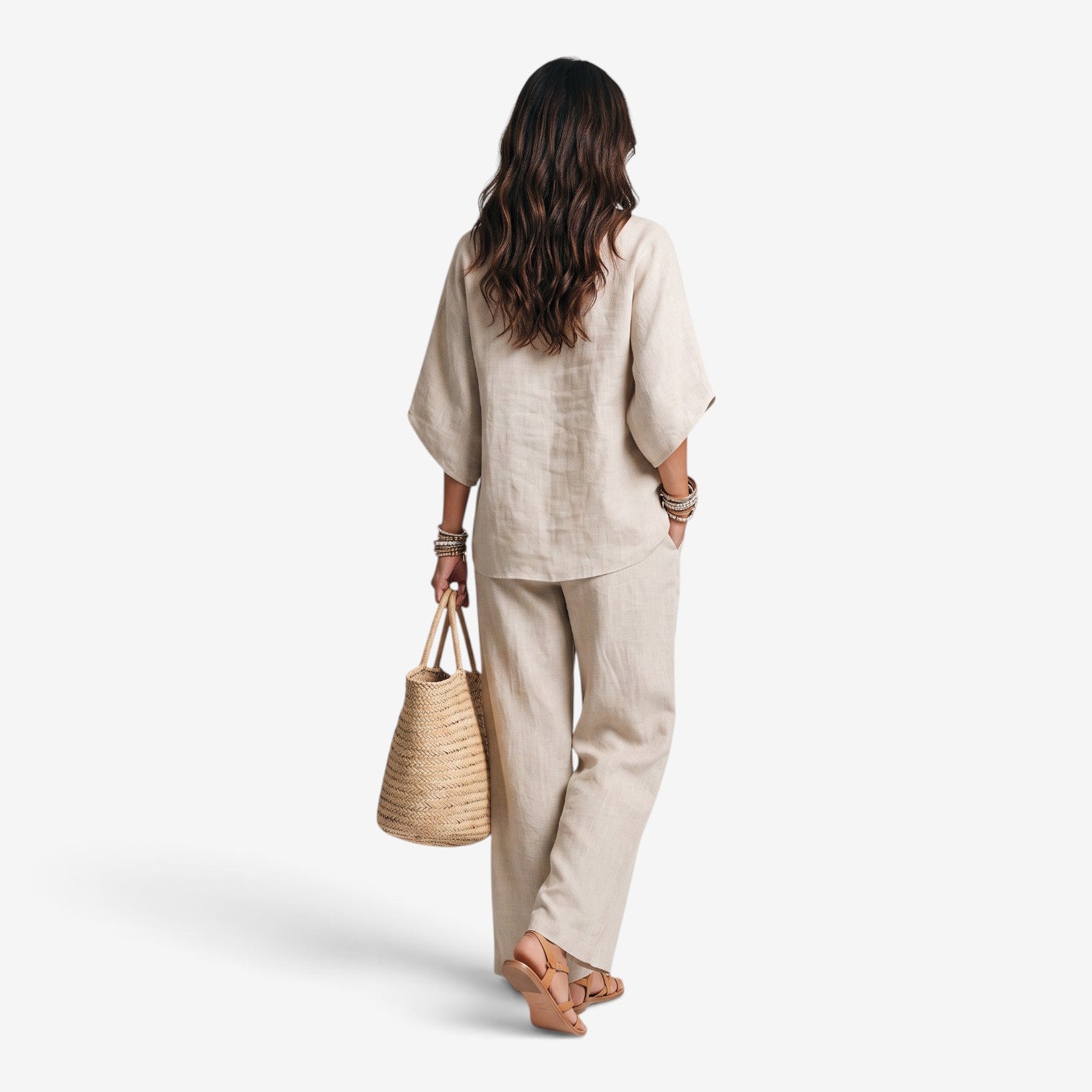 Conjunto de Lino con Pantalón de Pierna Ancha para Mujer