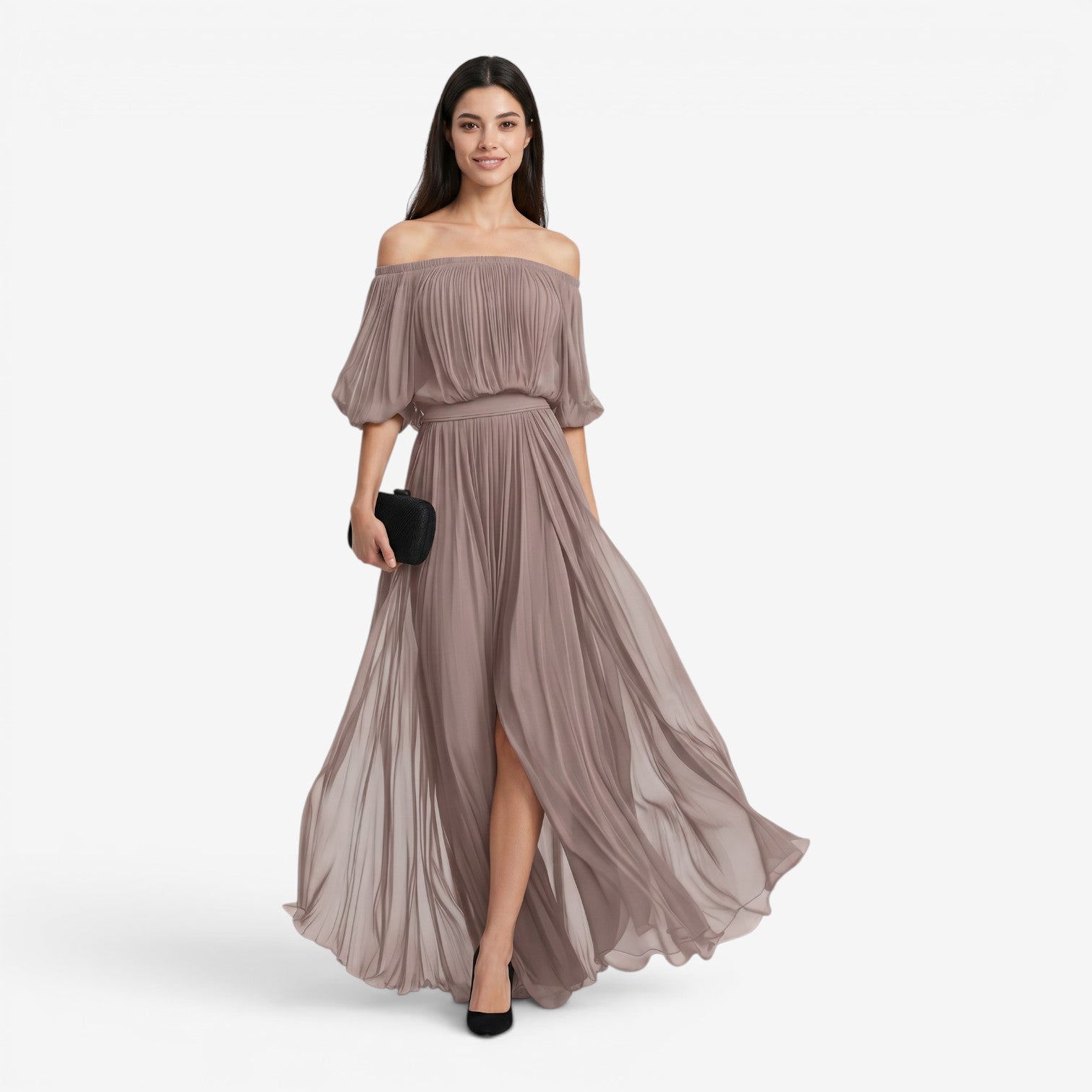 Vestido Maxi de Gasa con Hombros Descubiertos