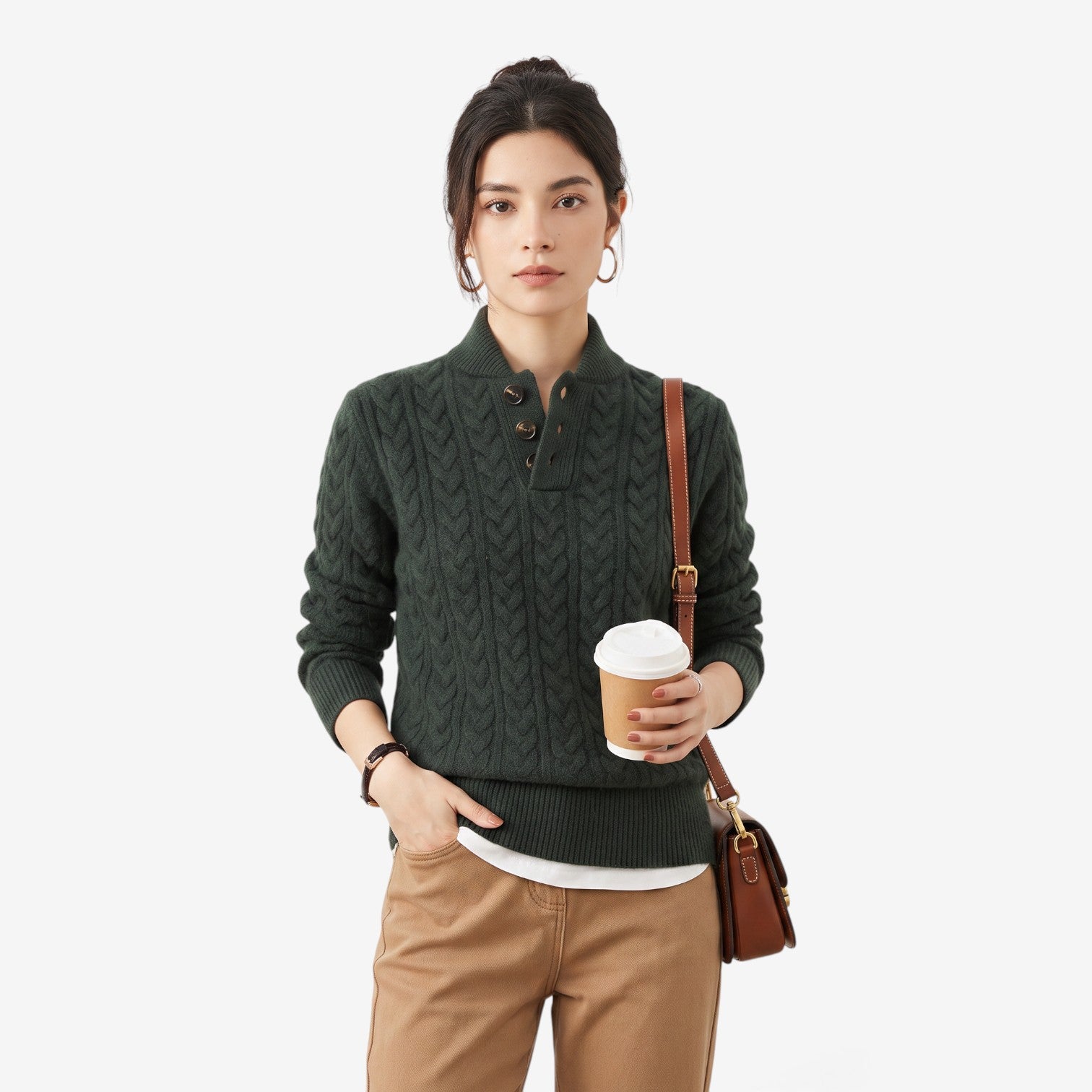 Jersey de Punto Trenzado con Cuello Alto para Mujer