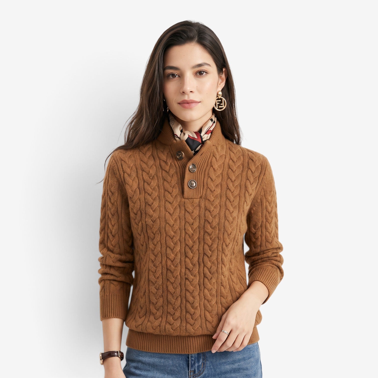 Jersey de Punto Trenzado con Cuello Alto para Mujer