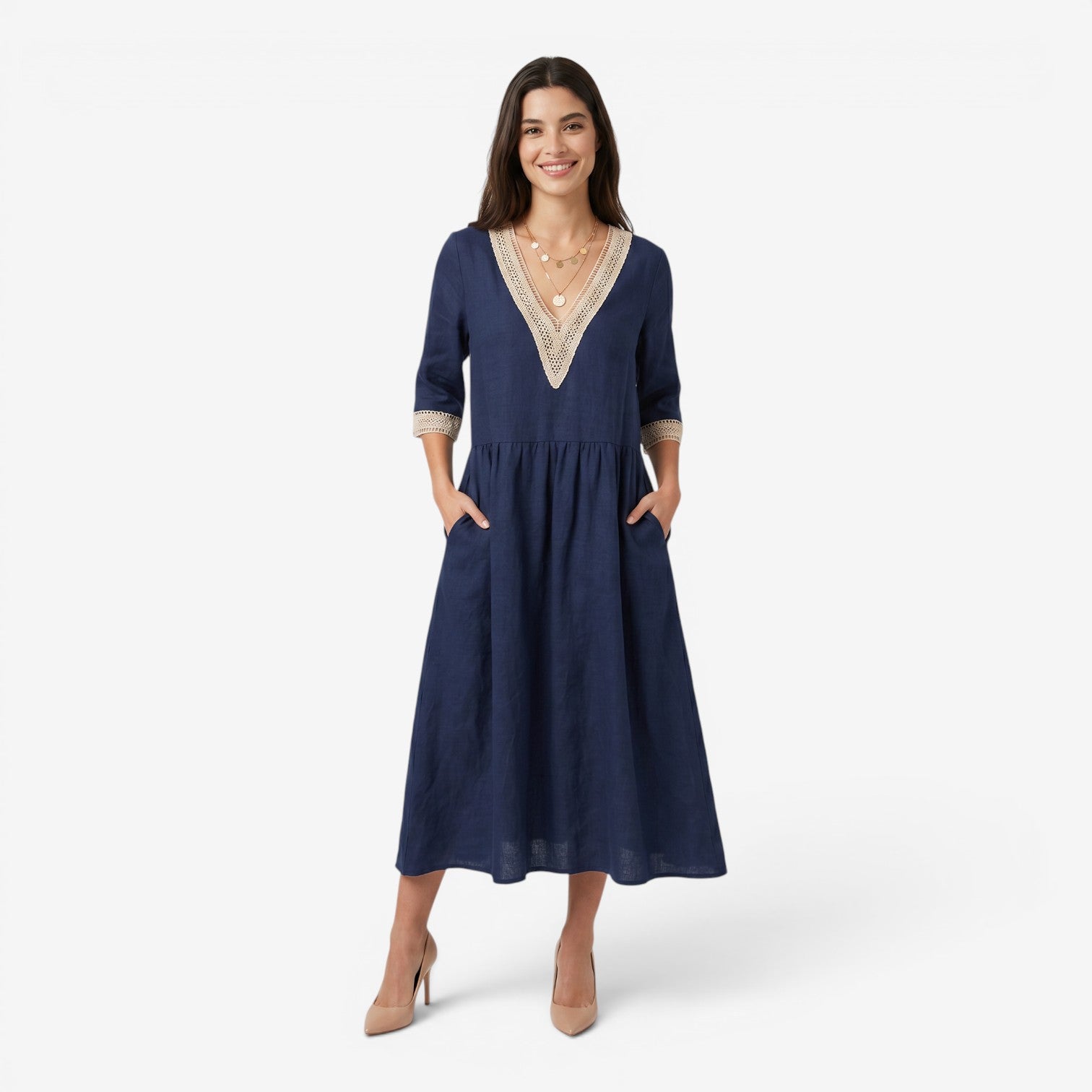 Vestido Midi de Algodón y Lino con Cuello de Encaje