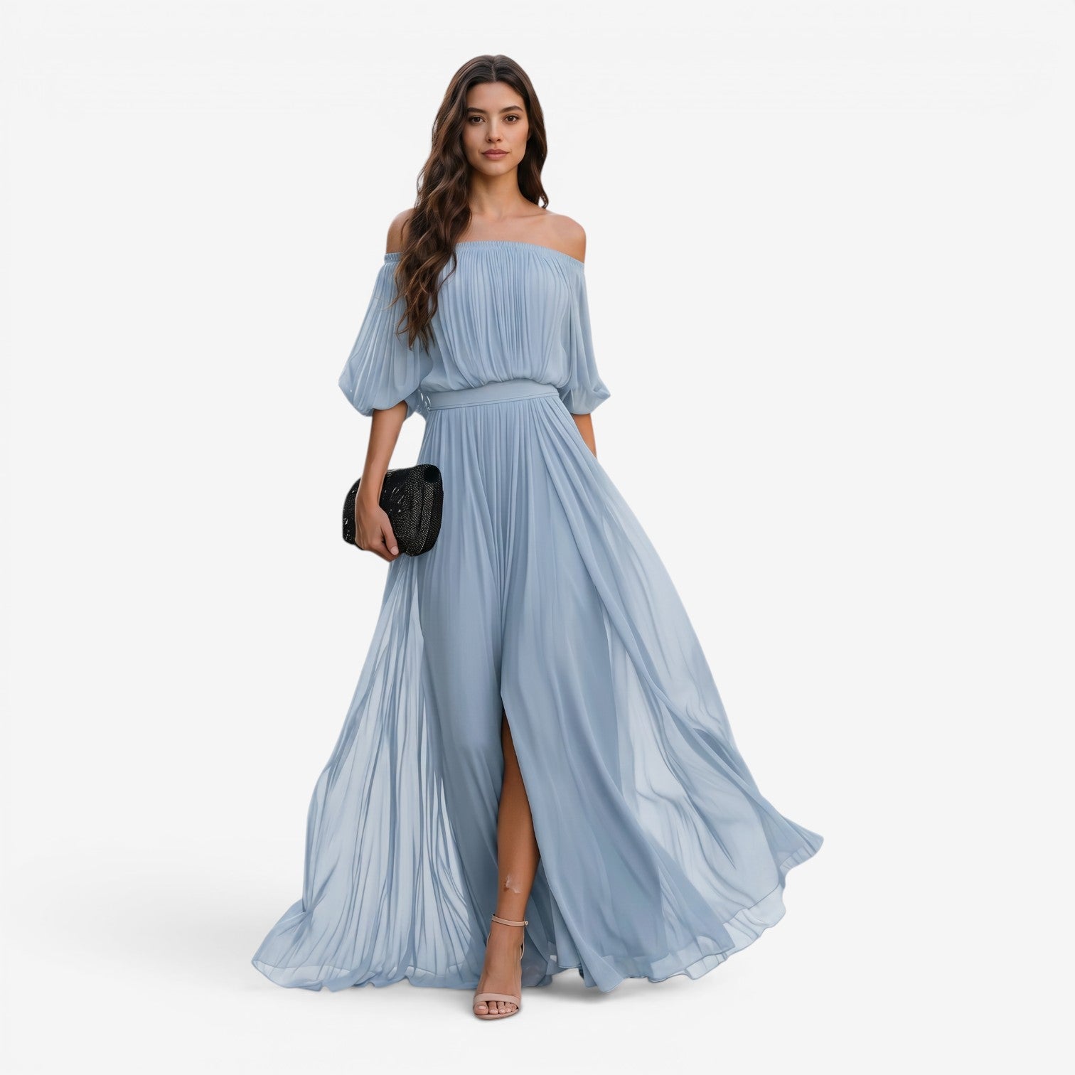 Vestido Maxi de Gasa con Hombros Descubiertos