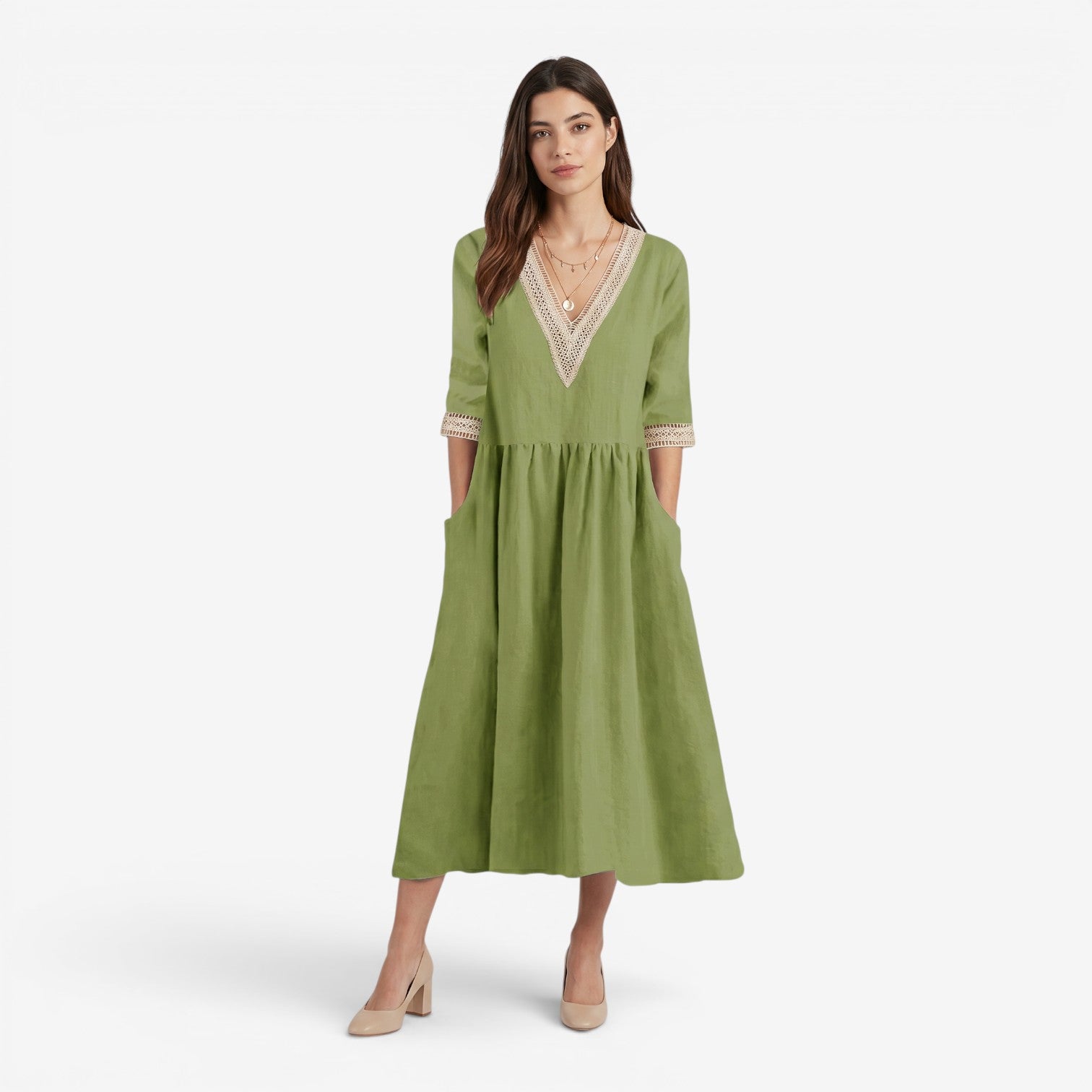 Vestido Midi de Algodón y Lino con Cuello de Encaje