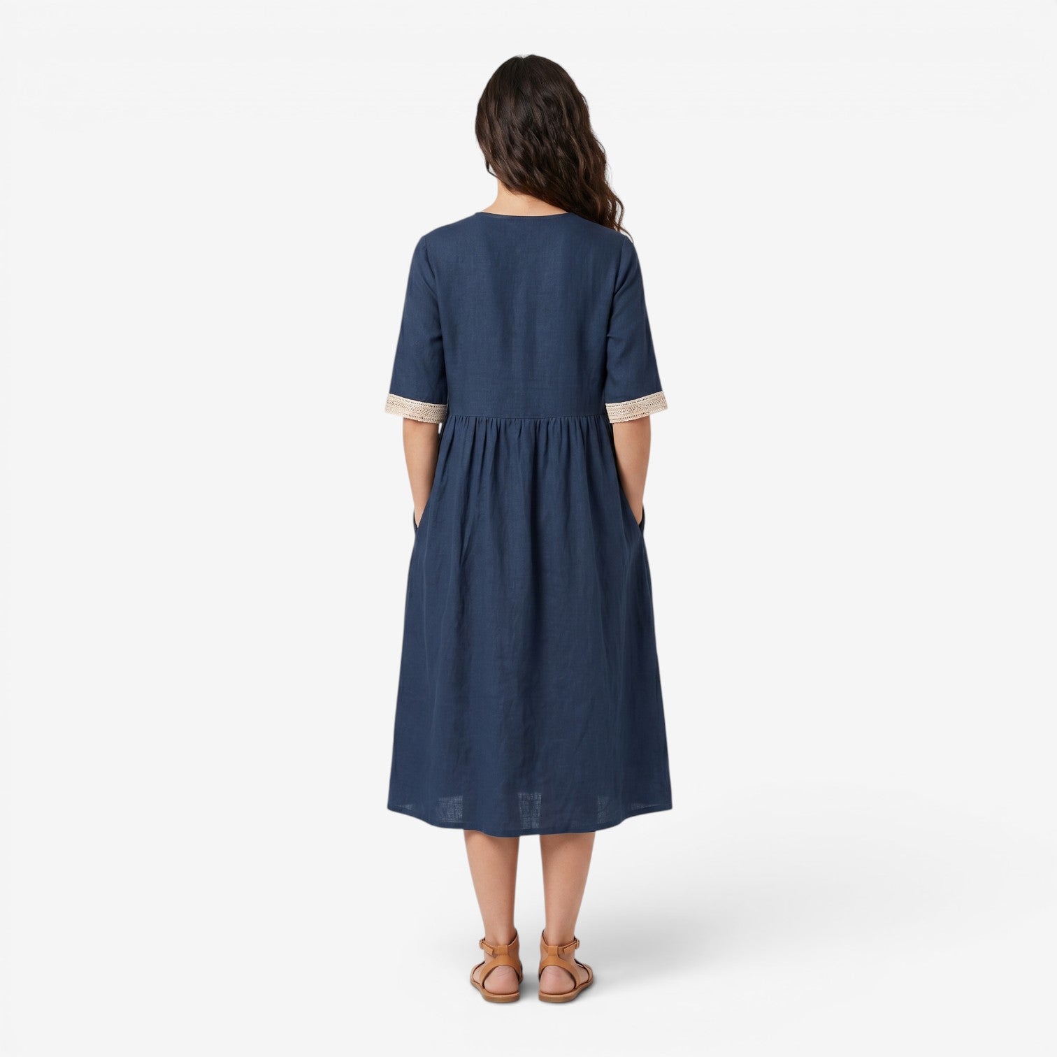 Vestido Midi de Algodón y Lino con Cuello de Encaje