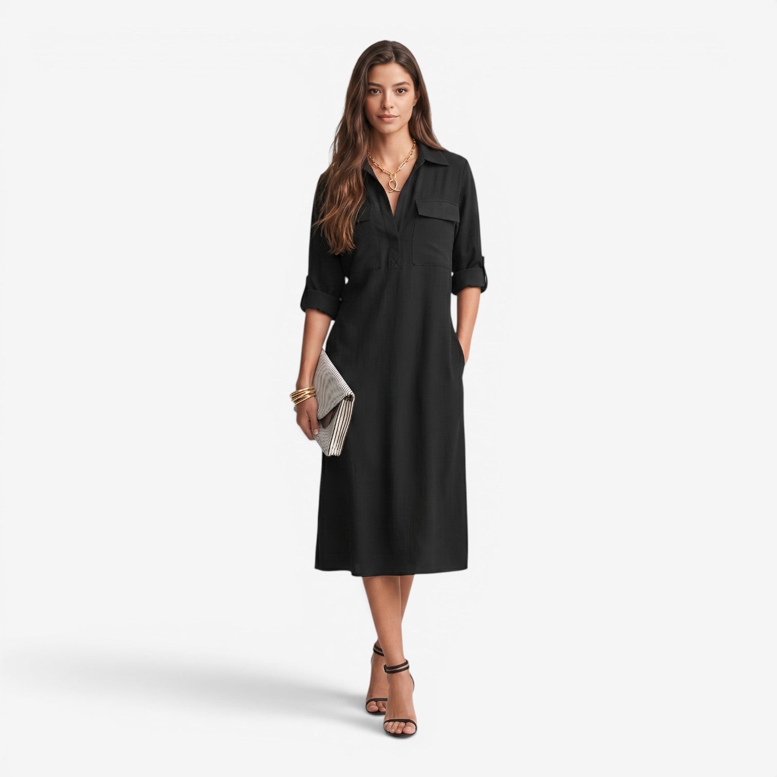 Vestido Camisero Midi con Cintura para Mujer