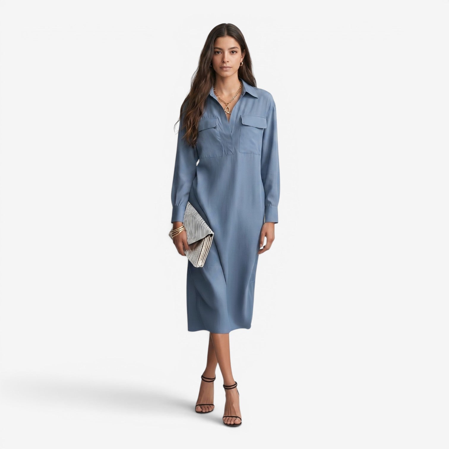 Vestido Camisero Midi con Cintura para Mujer