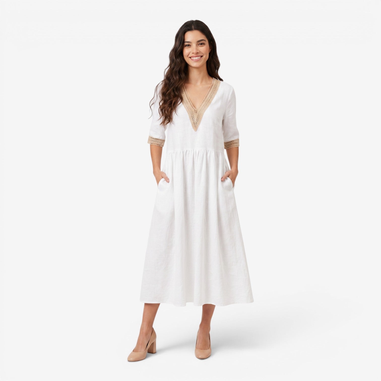 Vestido Midi de Algodón y Lino con Cuello de Encaje