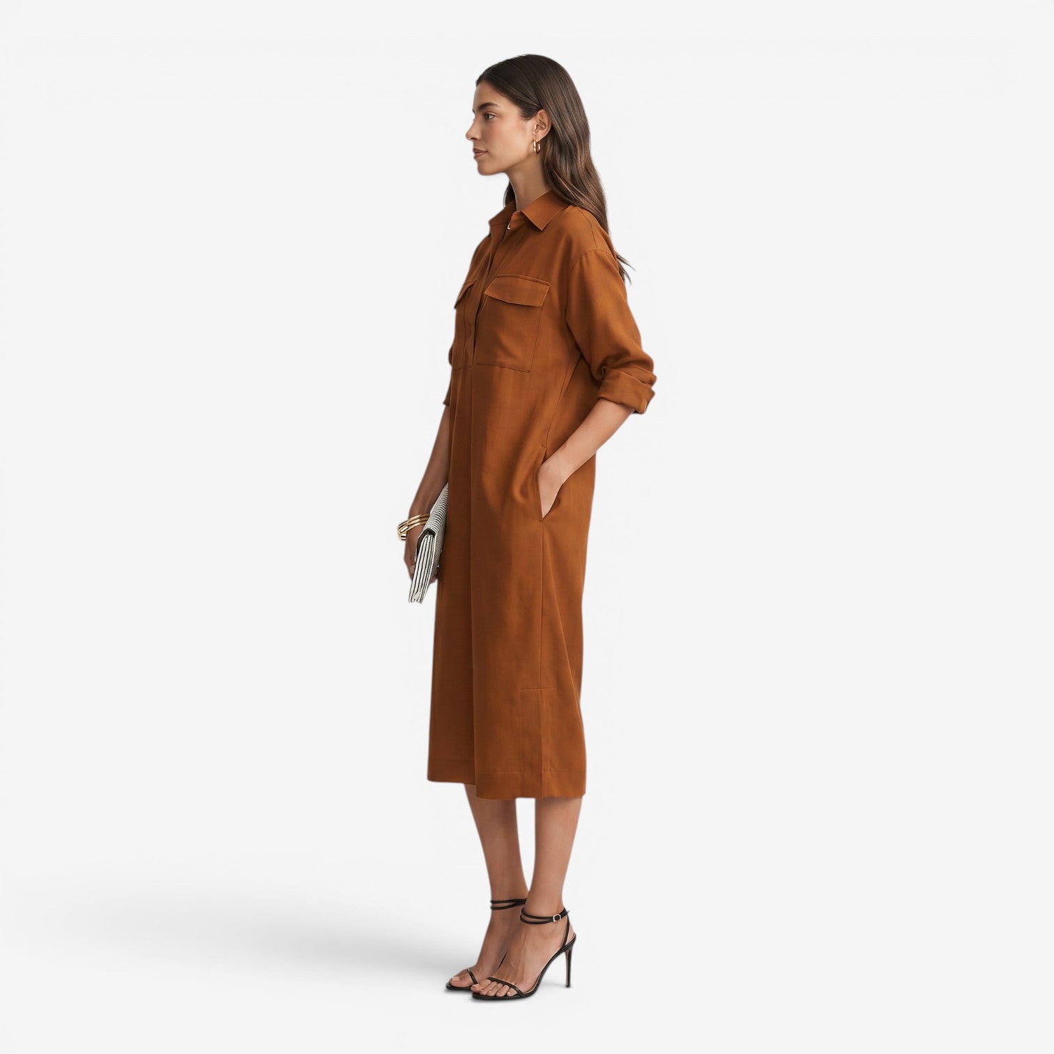 Vestido Camisero Midi con Cintura para Mujer
