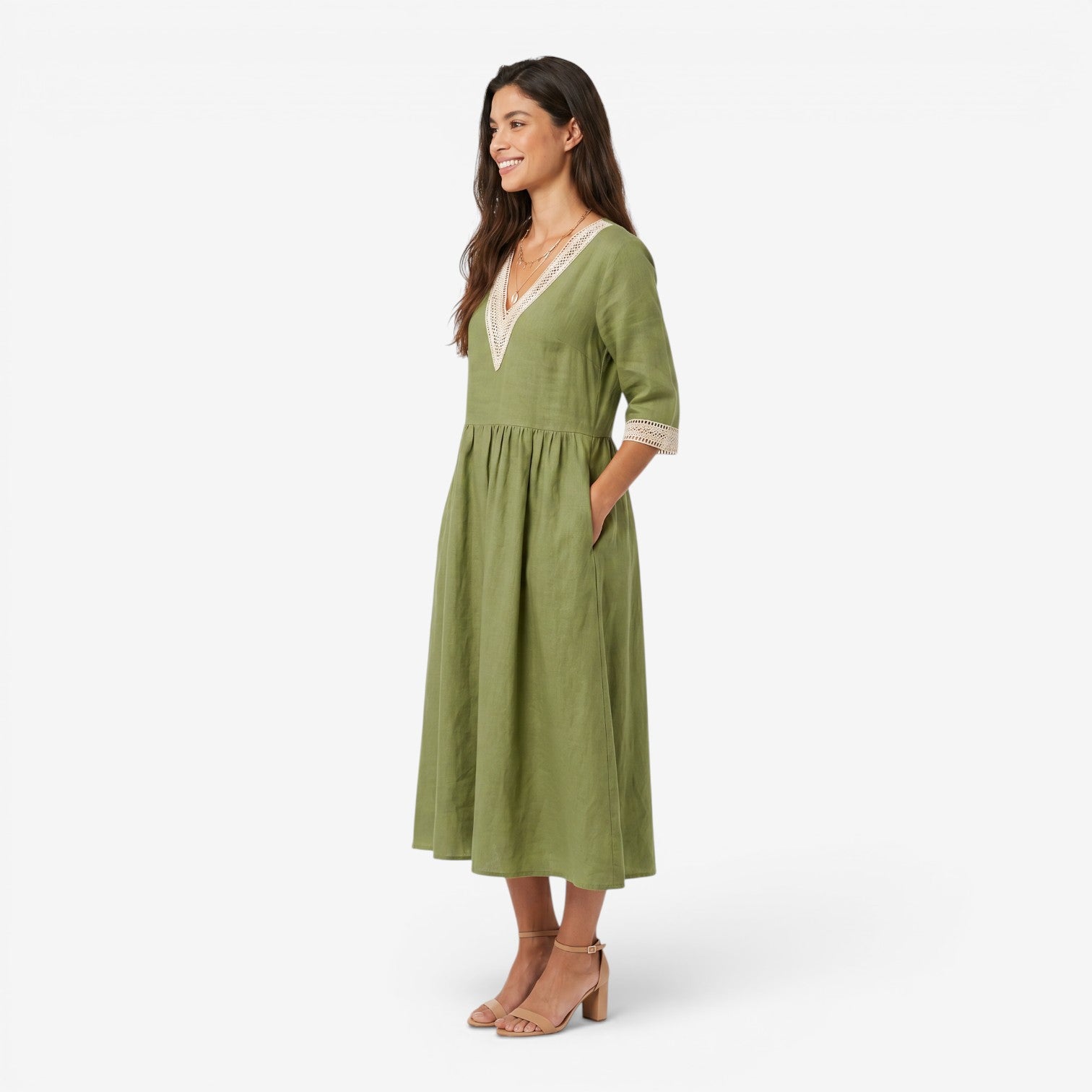 Vestido Midi de Algodón y Lino con Cuello de Encaje