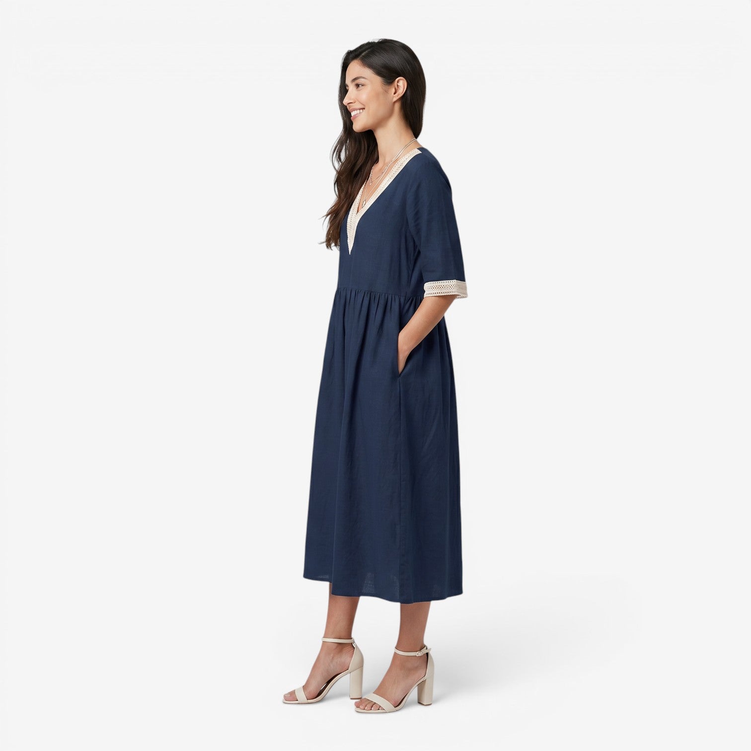 Vestido Midi de Algodón y Lino con Cuello de Encaje