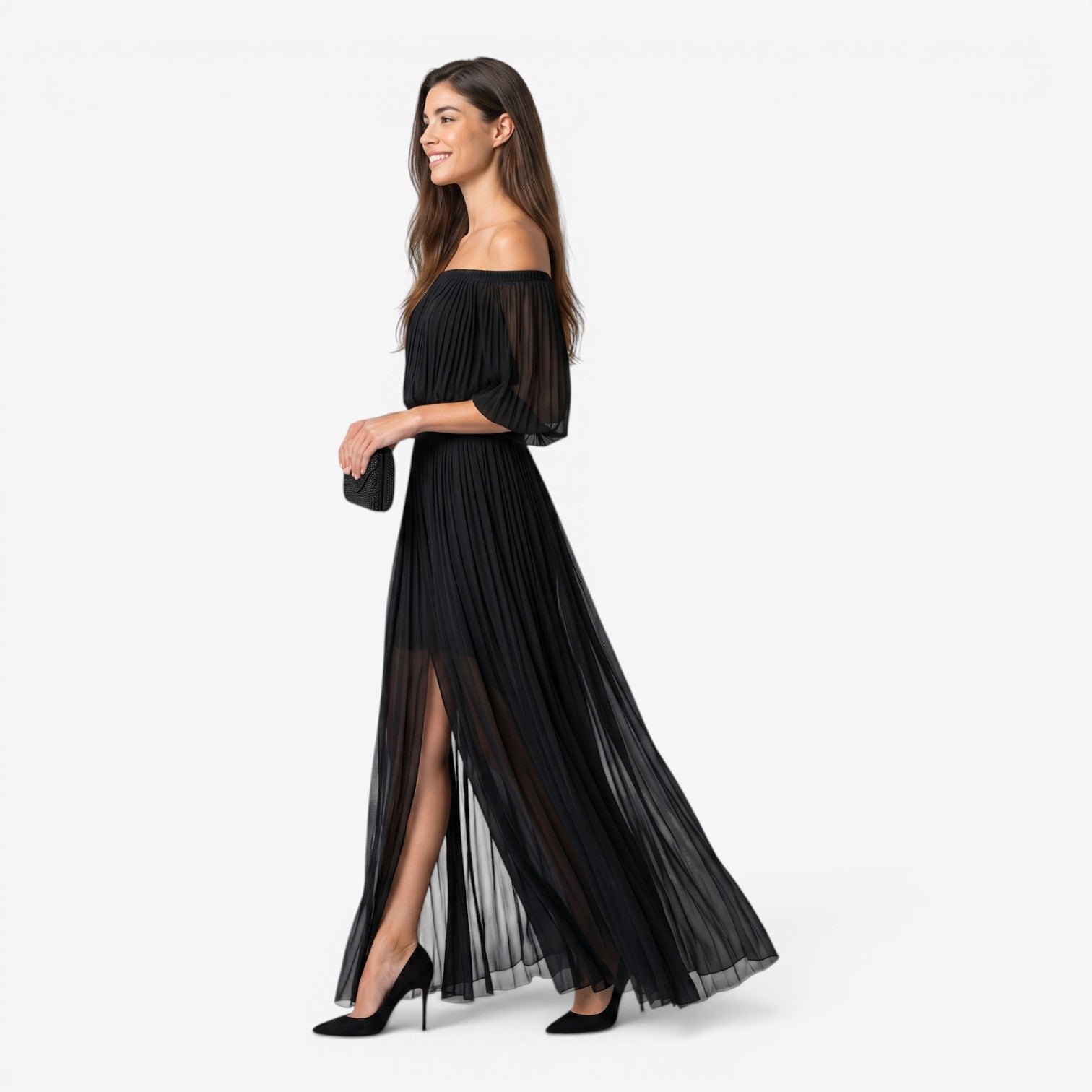 Vestido Maxi de Gasa con Hombros Descubiertos