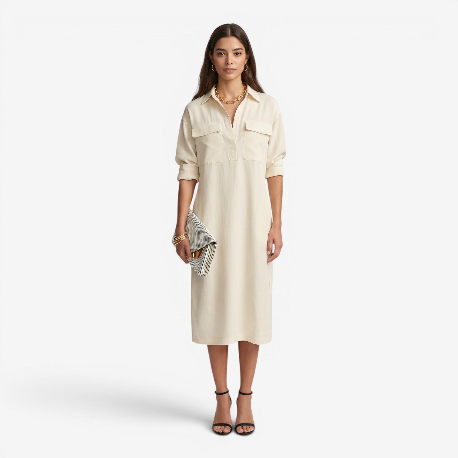 Vestido Camisero Midi con Cintura para Mujer